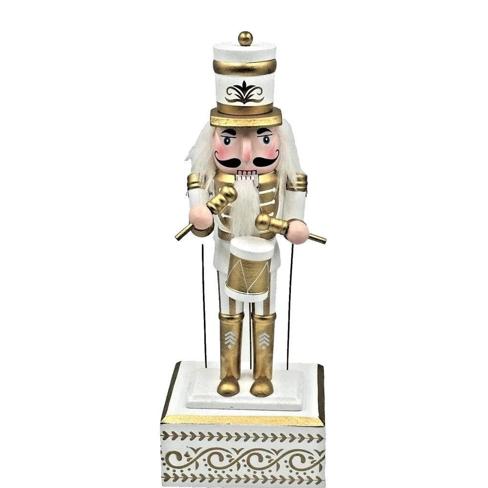 Musical Nutcracker Drummer 14in Gold White Christmas Decor